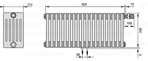 Схема (чертеж) Радиатор Zehnder Charleston 6060/18 №V008 Белый глянцевый RAL 9016